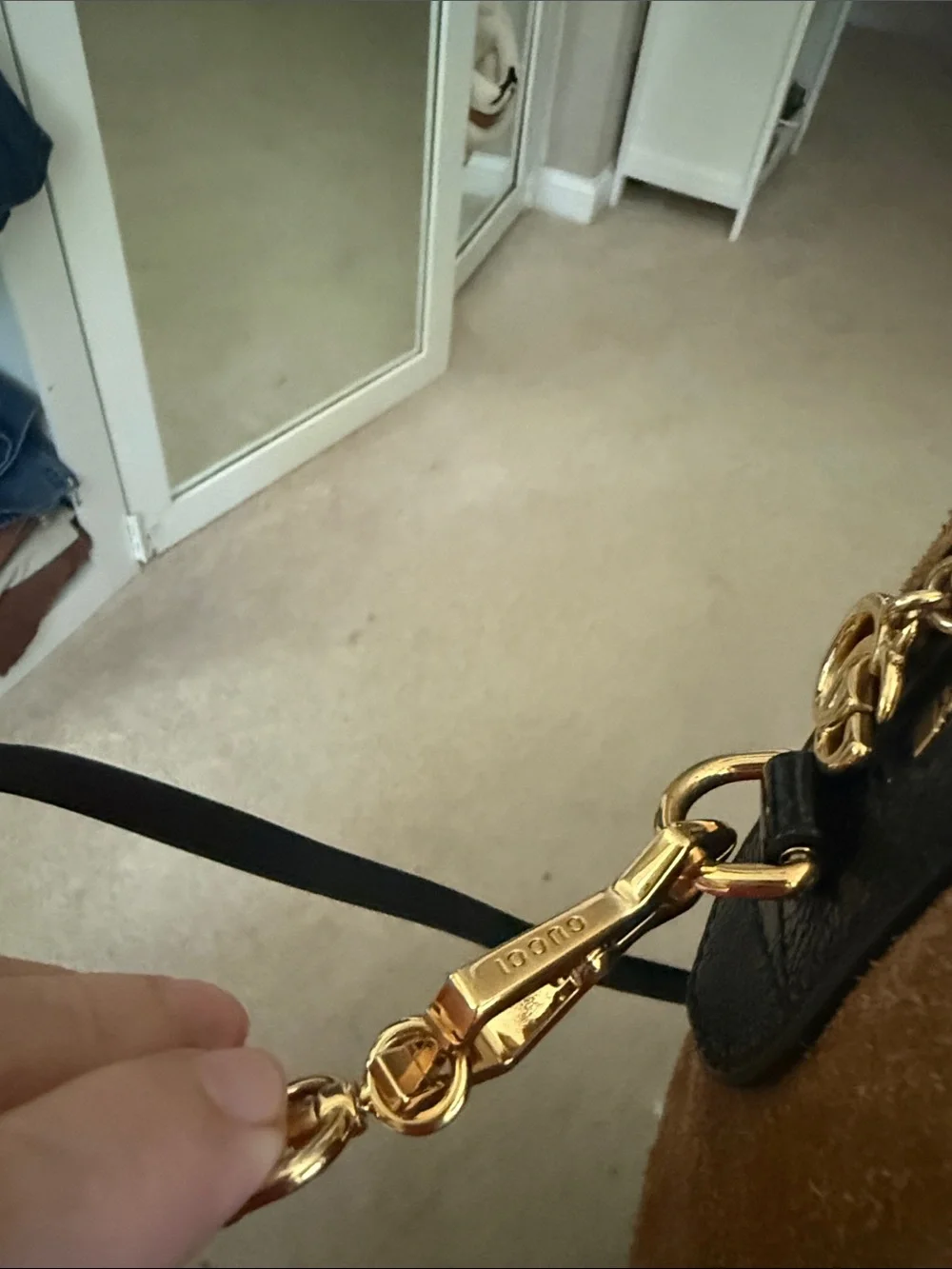 Gucci Brown Suede Top-Handle Bag with Black Trim and Green-Red Web